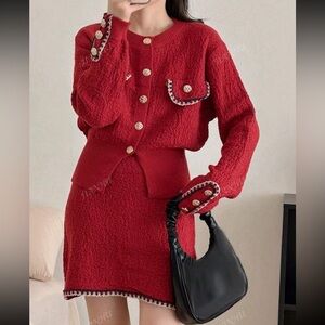 Contrast trim gold button cardigan and skirt set (women size M)